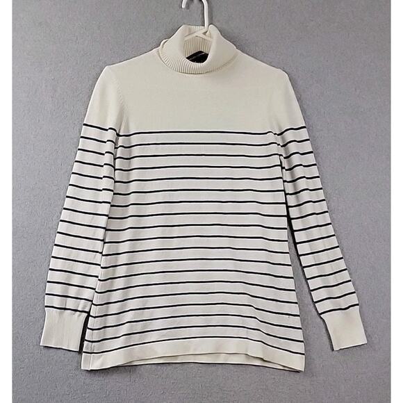 French Connection Ivory Striped Knit LS Turtleneck Sweater Women's Large Stretch - Picture 1 of 12